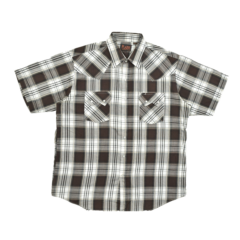 Plains Western Wear Shirt Mens Large Brown Plaid Pearl Snap Short Sleeve Cowboy
